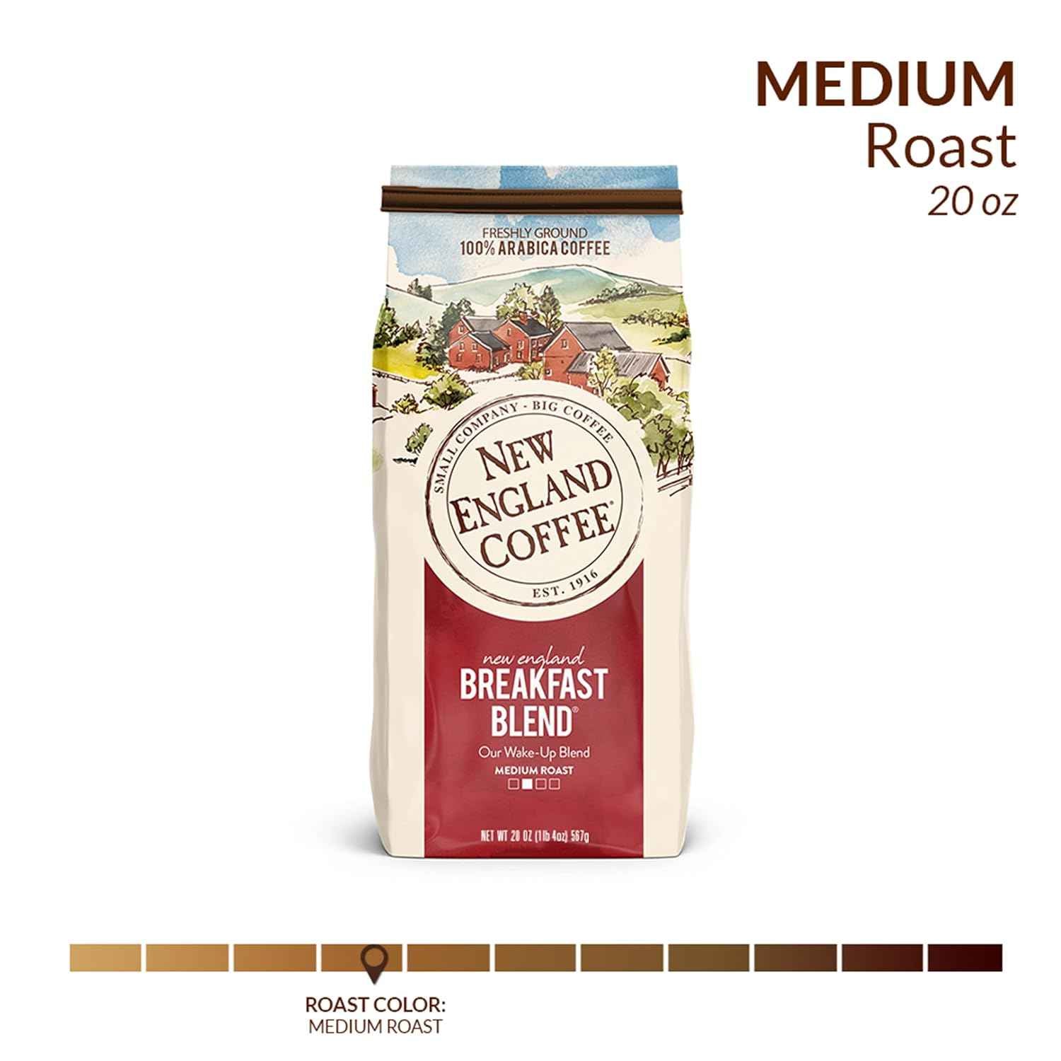 New England Coffee Breakfast Blend Medium Roast Ground Coffee, 20oz Bag (Pack of 4)