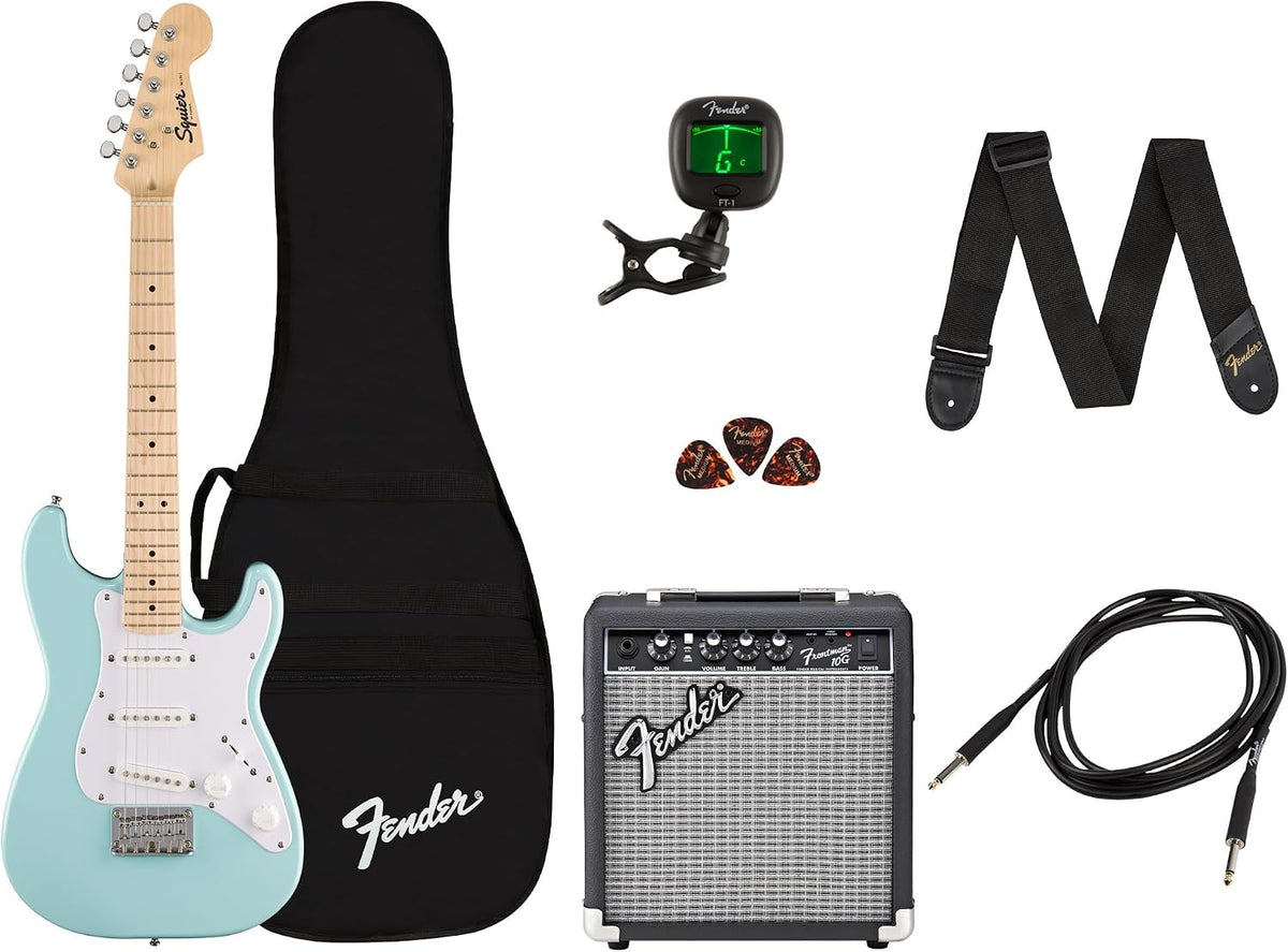 Fender Mini Stratocaster Beginner Electric Guitar Kit with Amp, Daphne Blue