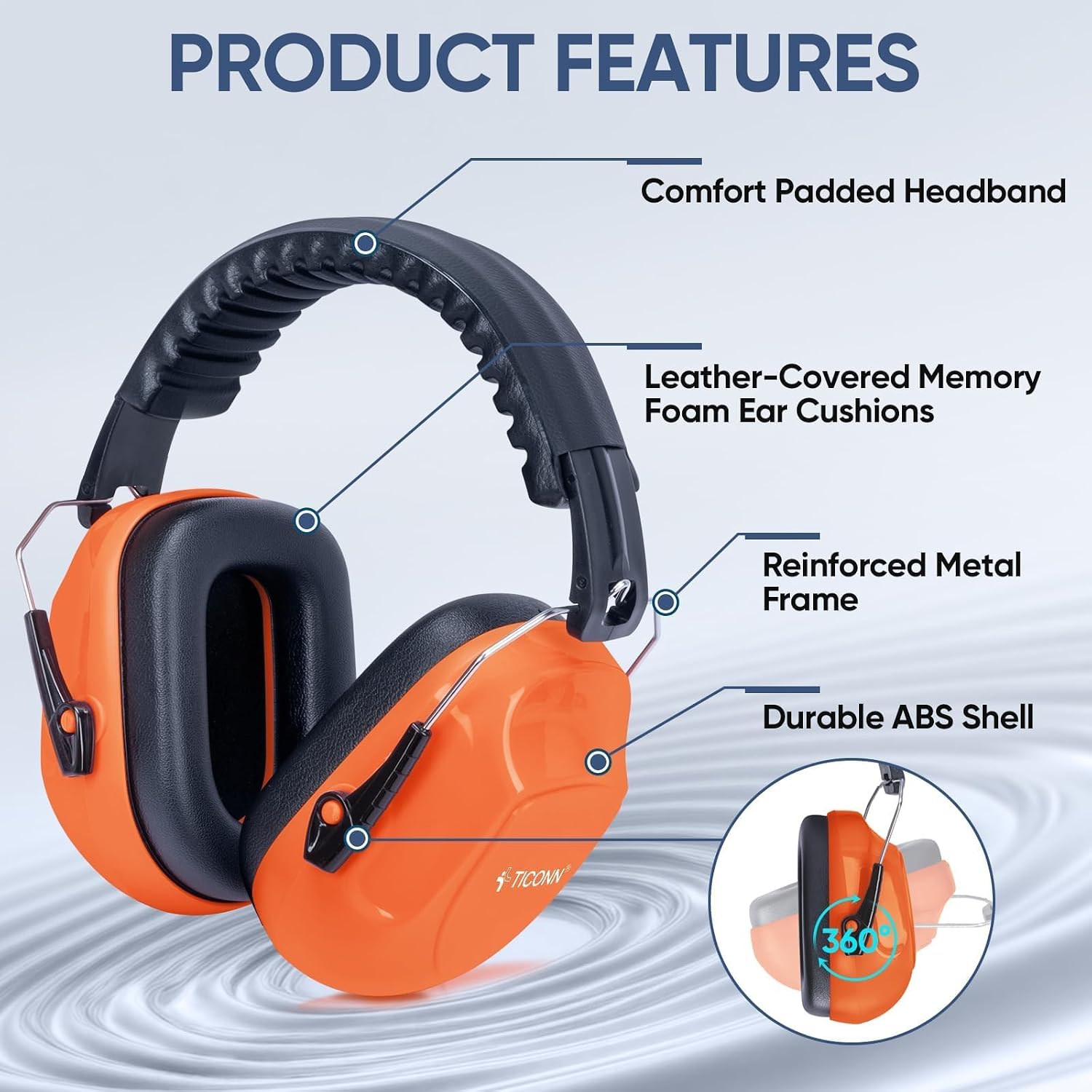 TICONN Noise Cancelling Ear Muffs for Adults, SNR 33dB Hearing Protection, Adjustable Safety Earmuffs for Construction
