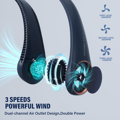 Morelax Neck Fan, USB Rechargeable Personal Fan,Hand Free Bladeless Portable Fans,4000 mAh, 3 Speeds,72 Air Faster softer 360° Cooling, Ultra Quiet,Gift Suitable for Home, Office, Travel, Sports