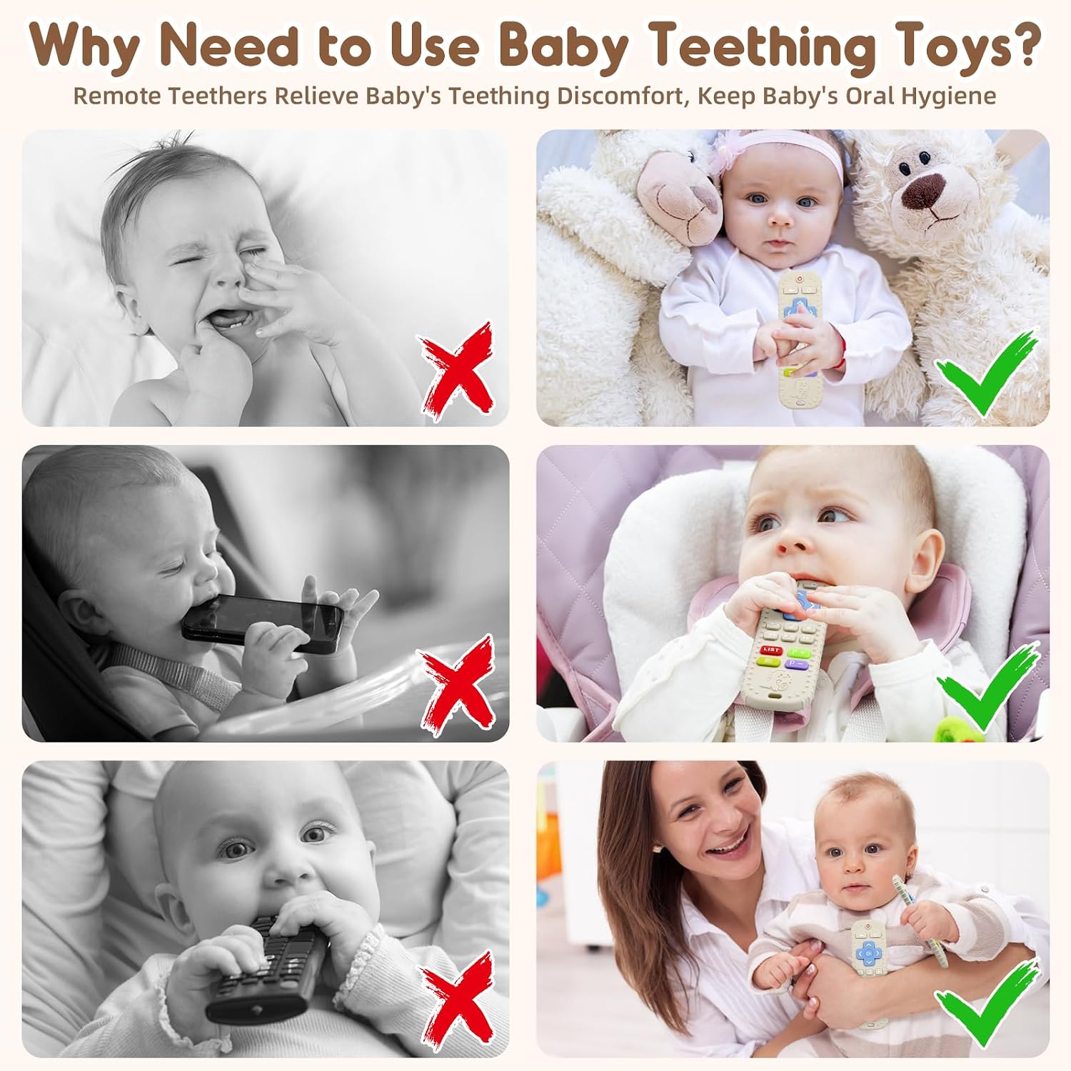 Teething Relief Teethers Toys for Babies 3-6-12 Months Gifts, Food Grade Silicone Sensory Remote Control Baby Teether Bath Toys for 9 18 Months Infant Boy Girl Autism, Beige
