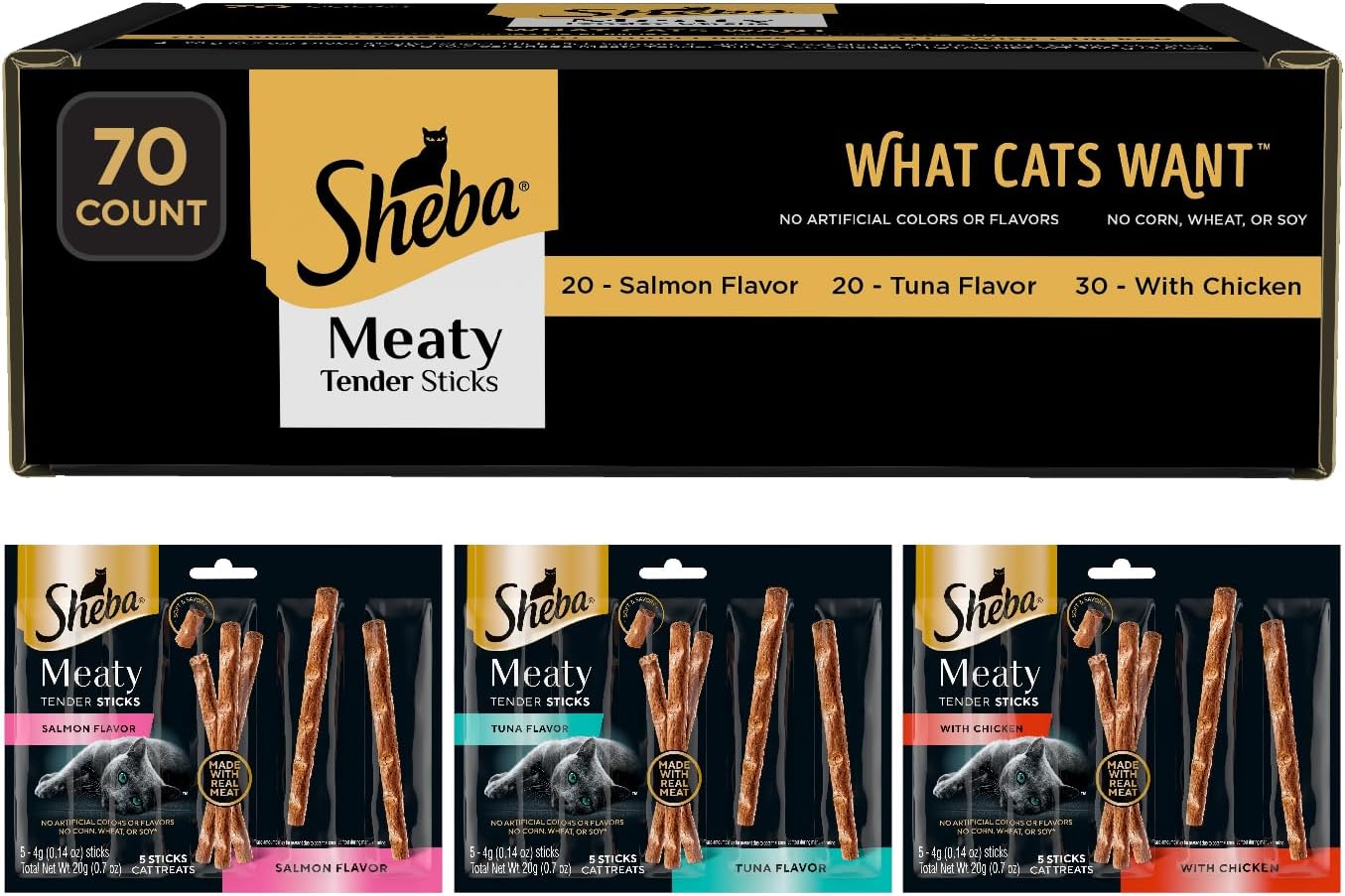 Sheba Meaty Tender Sticks Cat Treats, Chicken, Salmon, & Tuna, 70 Count