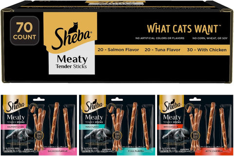 Sheba Meaty Tender Sticks Cat Treats, Chicken, Salmon, & Tuna, 70 Count