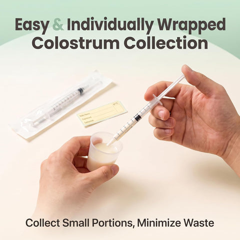 30 Set Colostrum Syringes Kit with Labels 1mL Colostrum Collector Freezer Safe Sterile Syringes with Cap, BPA-Free, Measuring Cup, Storage Bag