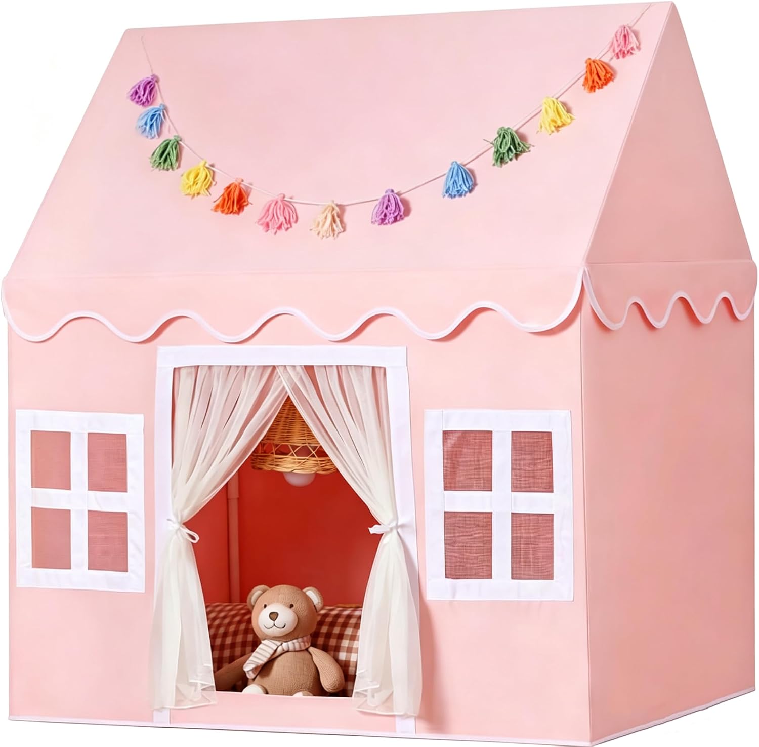 Kids Play Tent Indoor: with Mat, Tassel Garland - Pink Girls Tent Playhouse Kids Toys for Boy Girl Birthday Gift for Kids
