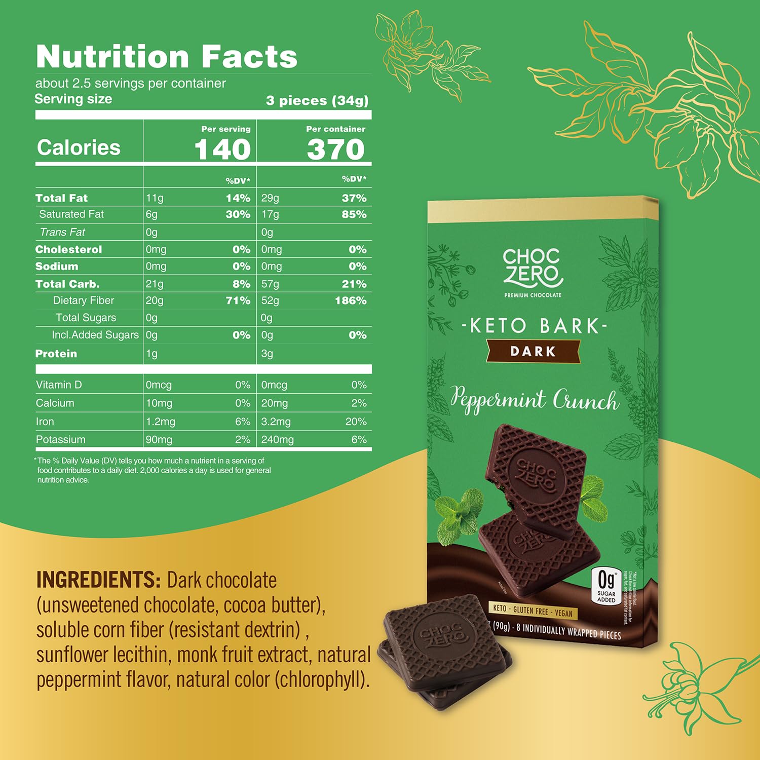 ChocZero Sugar Free Dark Chocolate Peppermint Crunch Bark, Vegan, 4 Pack