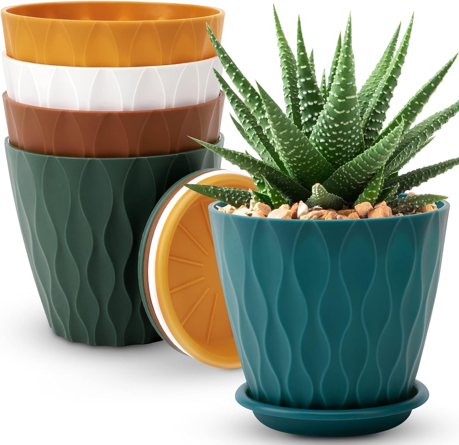 YNNICO 6 inch Plant Pots 5 Pack Plastic Planters with Drainage & Saucers