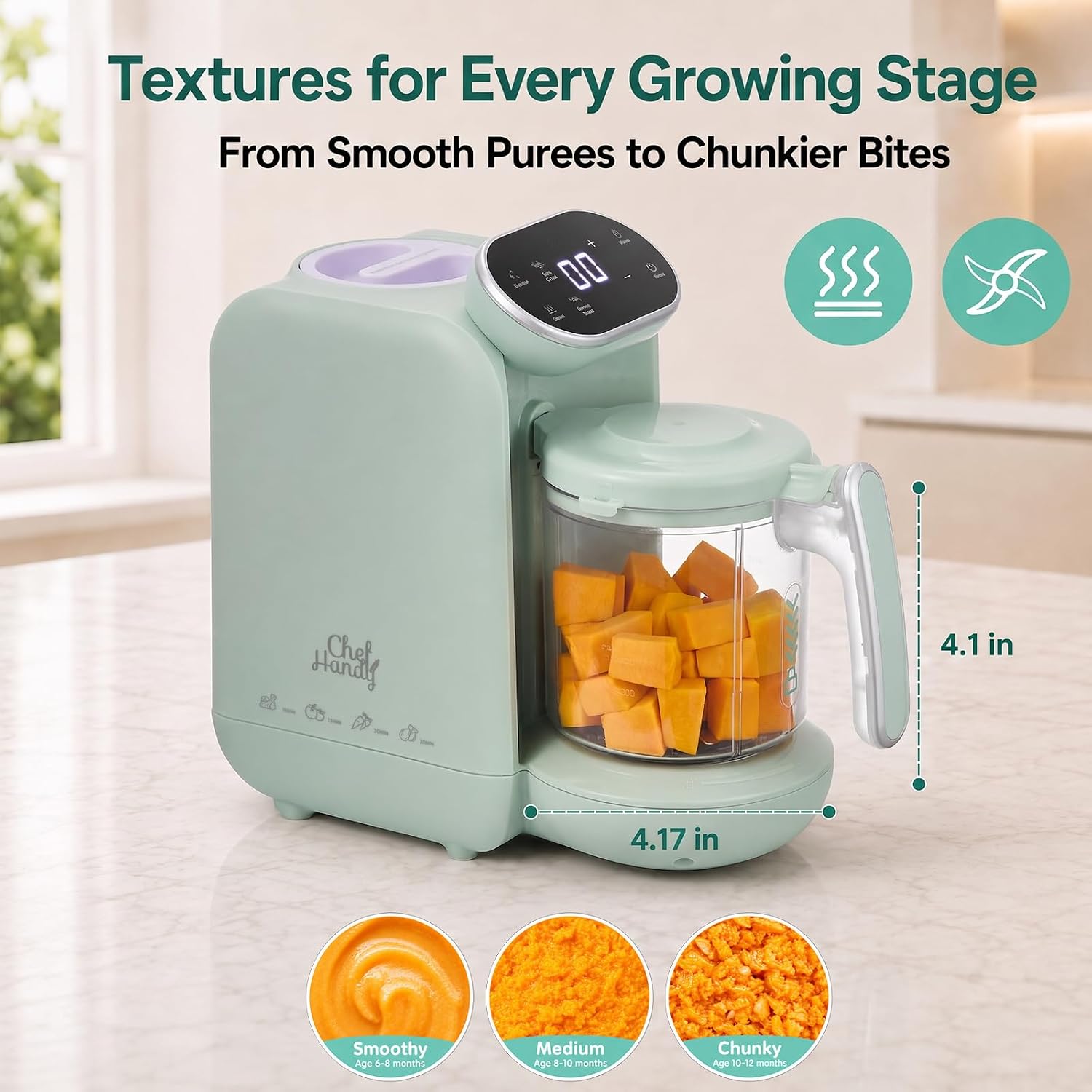 Chefhandy 5-in-1 Baby Food Maker with Stainless Steel Steam Basket, Green
