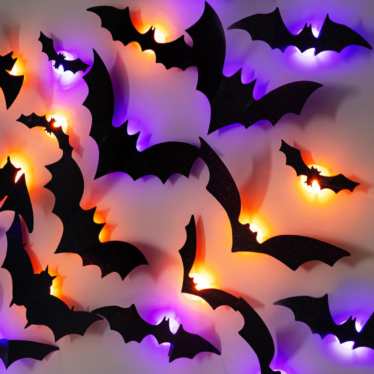 Dazzle Bright 100 PCS Halloween Bats Stickers with 60 Purple and Orange Lights, Lighted 3D Bat Wall Stickers, Halloween Decorations for Indoor Home Garage Window Decor Party Supplies