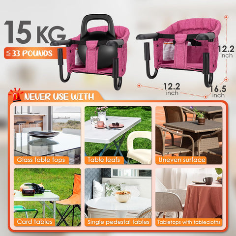 Hook On Chair with Removable Dining Tray,Portable Hook-On Chairs with Storage Bag,for Home and Travel(Rose Red)