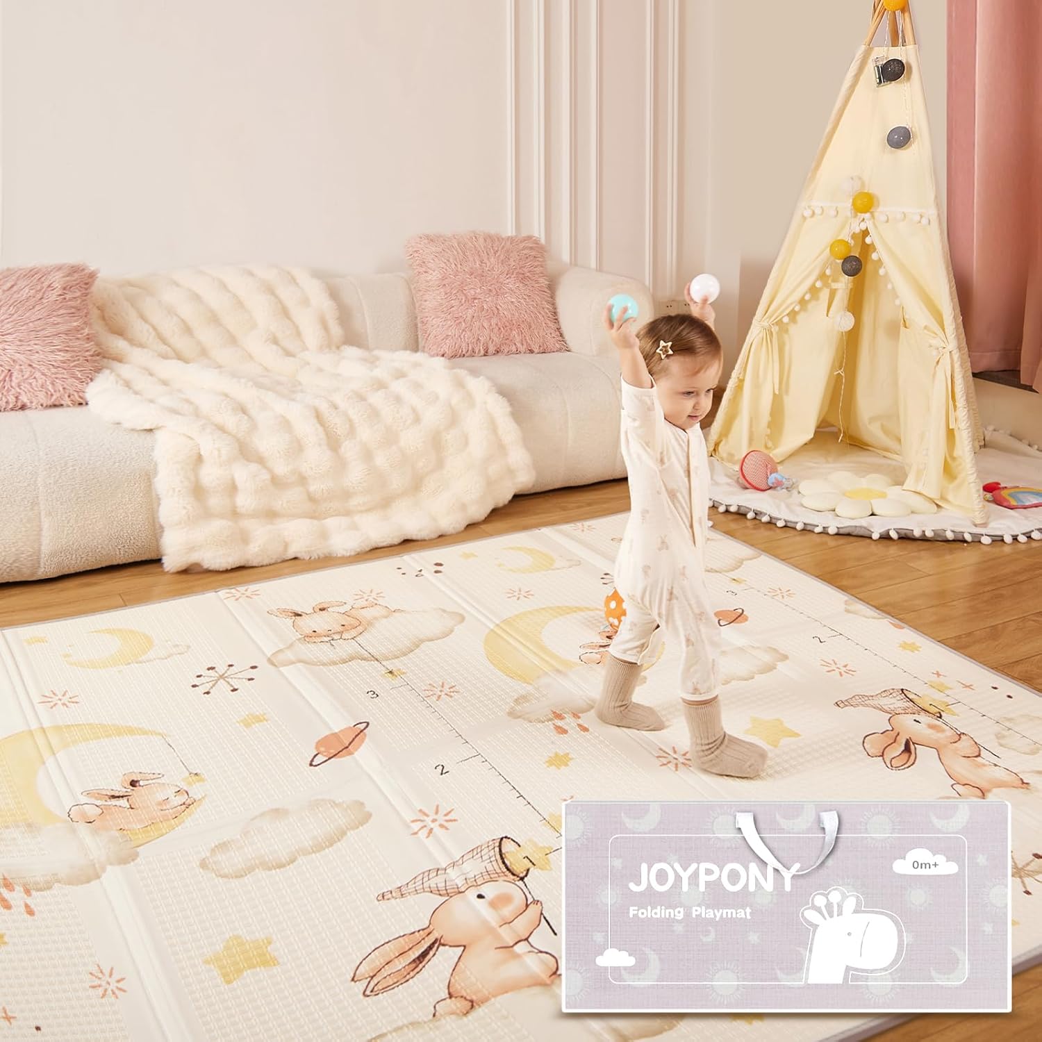 Joypony Baby Play Mat 71x79 Inch,XPE Dual-Sided Design Foldable Play Mats for Babies and Toddlers, Waterproof & Anti-Slip Baby Mat for Floor, Portable Baby Foam Crawling Mat with Travel Bag