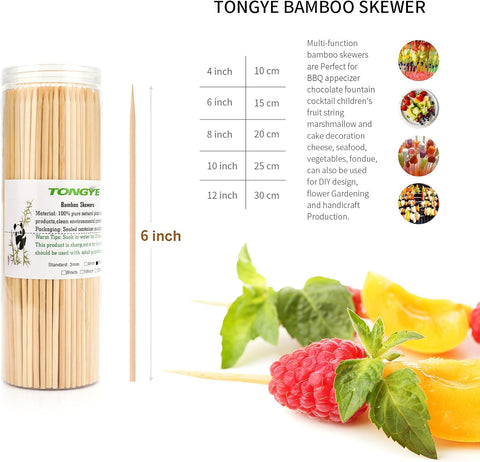 [200 PCS] 6 inch Bamboo Skewers, Premium Wooden Skewers Without Splinters, Skewers for Grilling, BBQ, Appetizer, Fruit Kabobs, Chocolate Fountain, Cocktail Toothpicks, and Food Skewer Sticks.