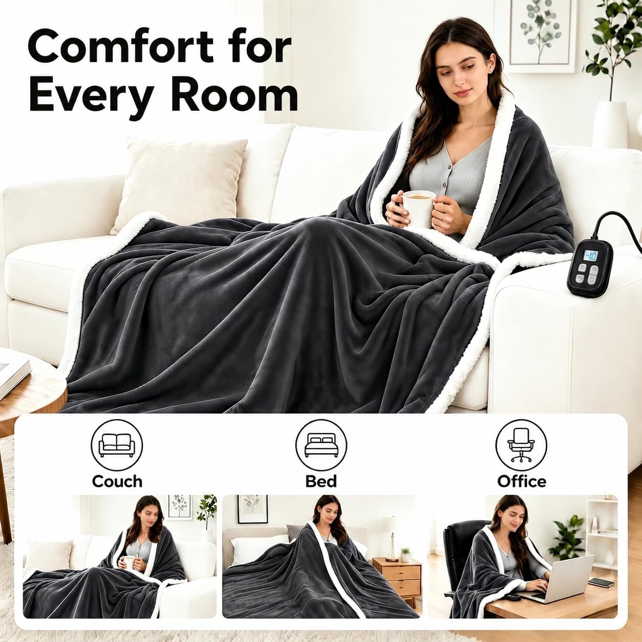 Electric Heated Blanket Full Size 72" x 84", Soft Flannel Heating Blanket for Bed, Sofa, Bedroom, 10 Heat Settings, 1-12H Auto Shut Off, Overheat Protection, Machine Washable, Charcoal Gray