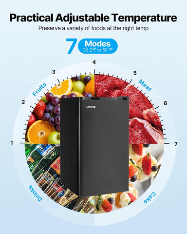 VEVOR 3.2 Cu.Ft Mini Fridge with Freezer, Single Door Compact Refrigerator with Micron Frozen Zone, 7-Mode Adjustable Temp, Energy Efficient Small Dorm Fridge, Reversible Door, Low Noise, Black