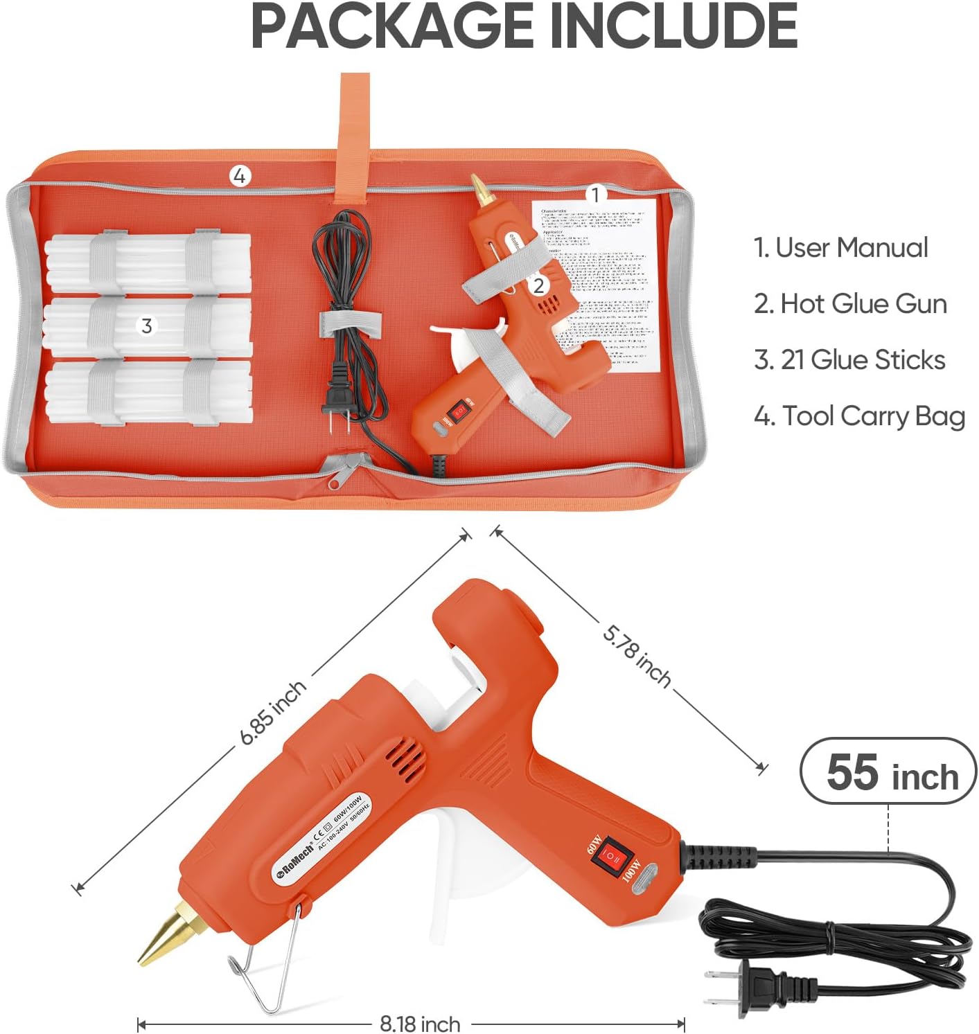 RoMech 60/100W Dual Temp Hot Glue Gun and Sticks Set, Full Size with Case