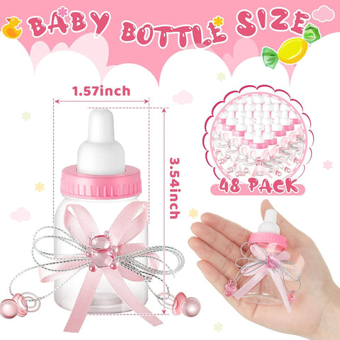 Nuenen 48 Pcs Baby Shower Milk Bottles with Ribbon Plastic Bear Candy Bottles Baby Shower Favors Gender Reveal Wedding Birthday Party Decorations(Pink)