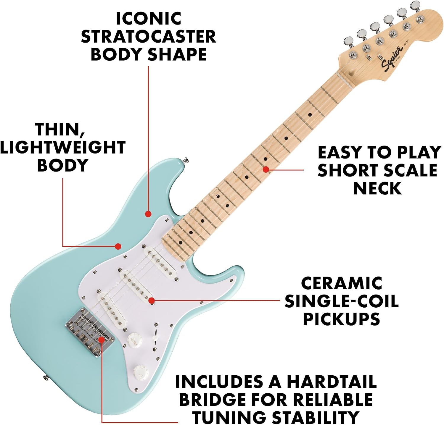 Fender Mini Stratocaster Beginner Electric Guitar Kit with Amp, Daphne Blue
