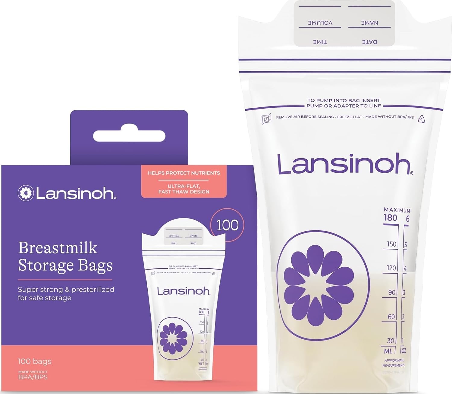 Lansinoh Breastmilk Storage Bags, 6 Ounce, 100 Count