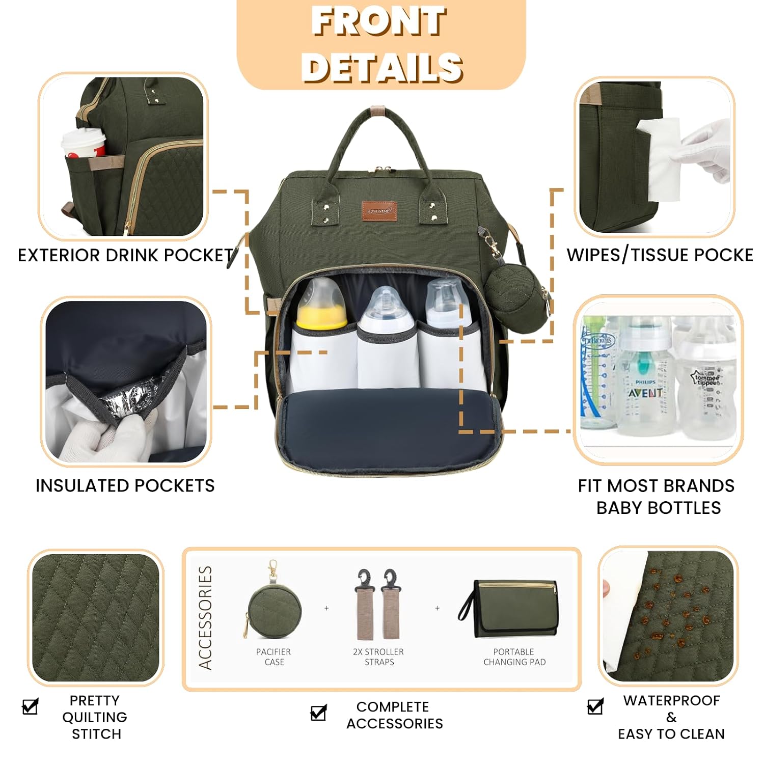 ROSEGIN Diaper Bag Backpack with Changing Pad, Pacifier Case, Baby Bag for Boy Girl Toddler - Large, Stylish, Waterproof Travel Quilted Diaper Bag for Mom - Baby Shower - Army Green
