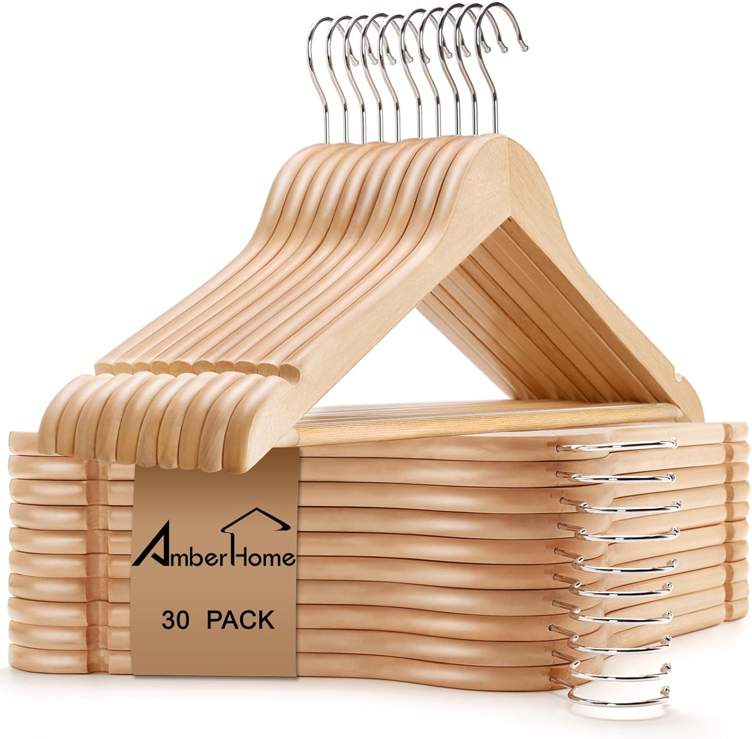 Amber Home 30 Pack Natural Wooden Coat Hangers, Wood Suit Hangers