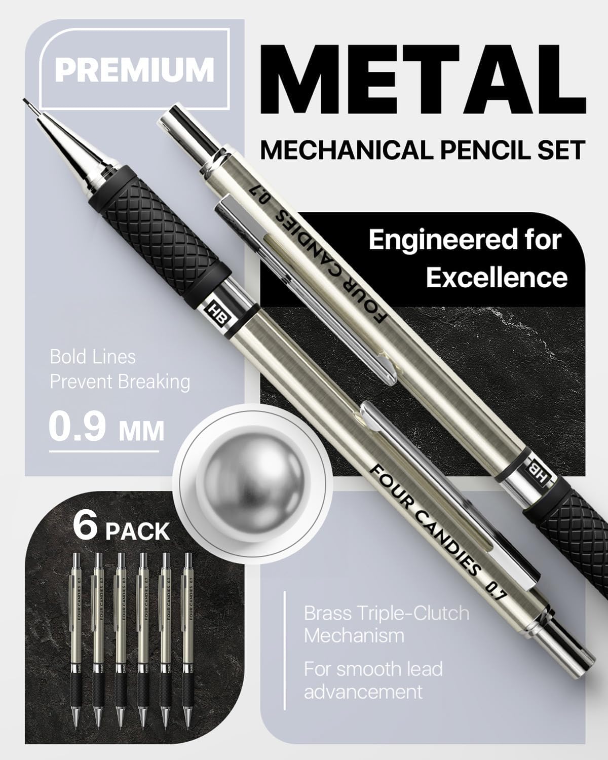Metal Mechanical Pencil Set with Case, 6-Pack 0.9mm Break-Resistant