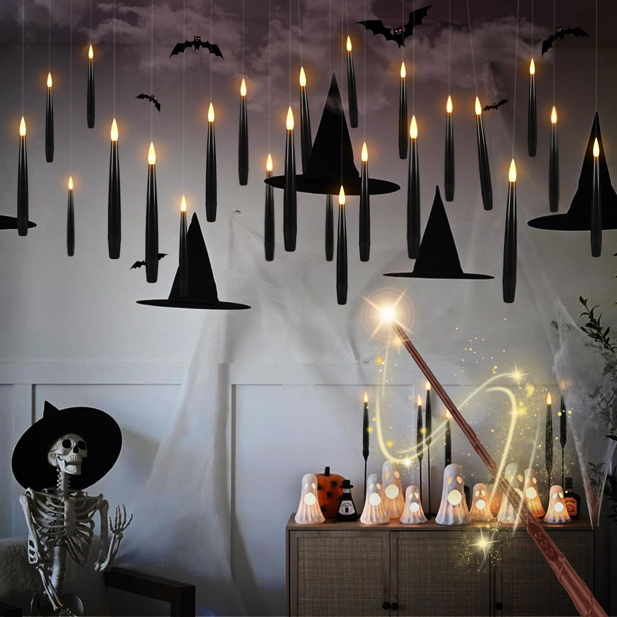Enpornk 36 Pcs Black LED Magic Hanging Floating Candles, Taper Flickering Flameless with 2 Magic Wands - Candle Set for Halloween, Party