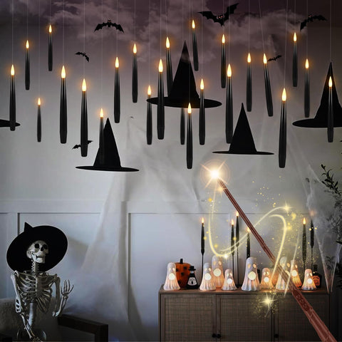 Enpornk 36 Pcs Black LED Magic Hanging Floating Candles, Taper Flickering Flameless with 2 Magic Wands - Candle Set for Halloween, Party