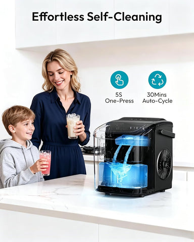 Portable Ice Maker Countertop, Self-Cleaning Ice Maker Machine, 26lbs/24Hrs, 9 Cubes in 6 Mins, Compact Ice Maker for Home/Kitchen/RV with Handle, Basket (Diamond Black)