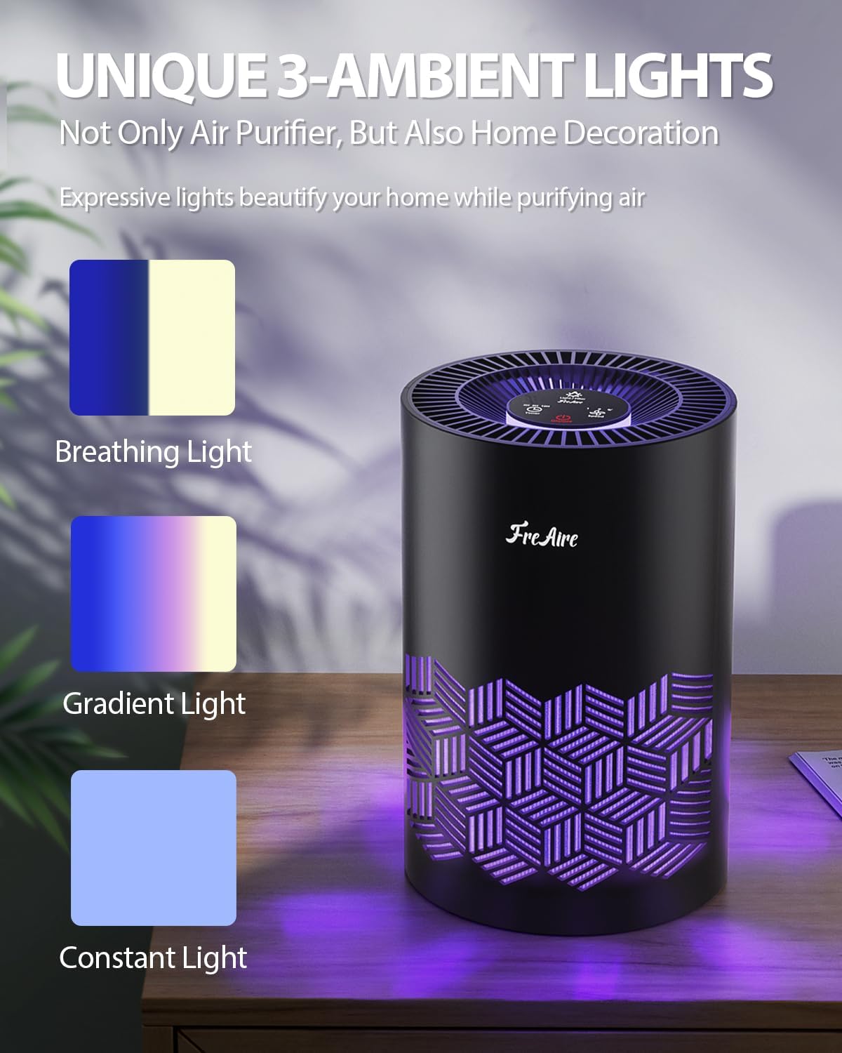 FreAire Air Purifiers for Bedroom Up to 1086 Ft², KN6391RGB, Black