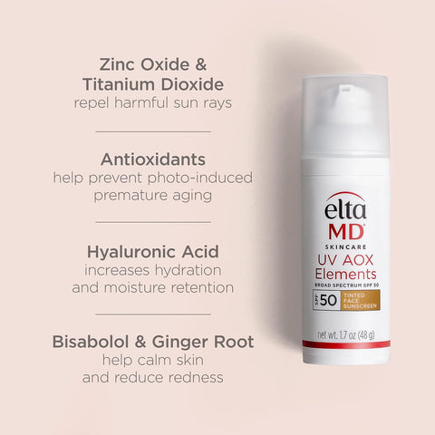 EltaMD UV AOX Elements Tinted Face Sunscreen, SPF 50, 100% Tinted Mineral Sunscreen for Sensitive Skin and Dry Skin with Antioxidants, 1.7 oz Pump