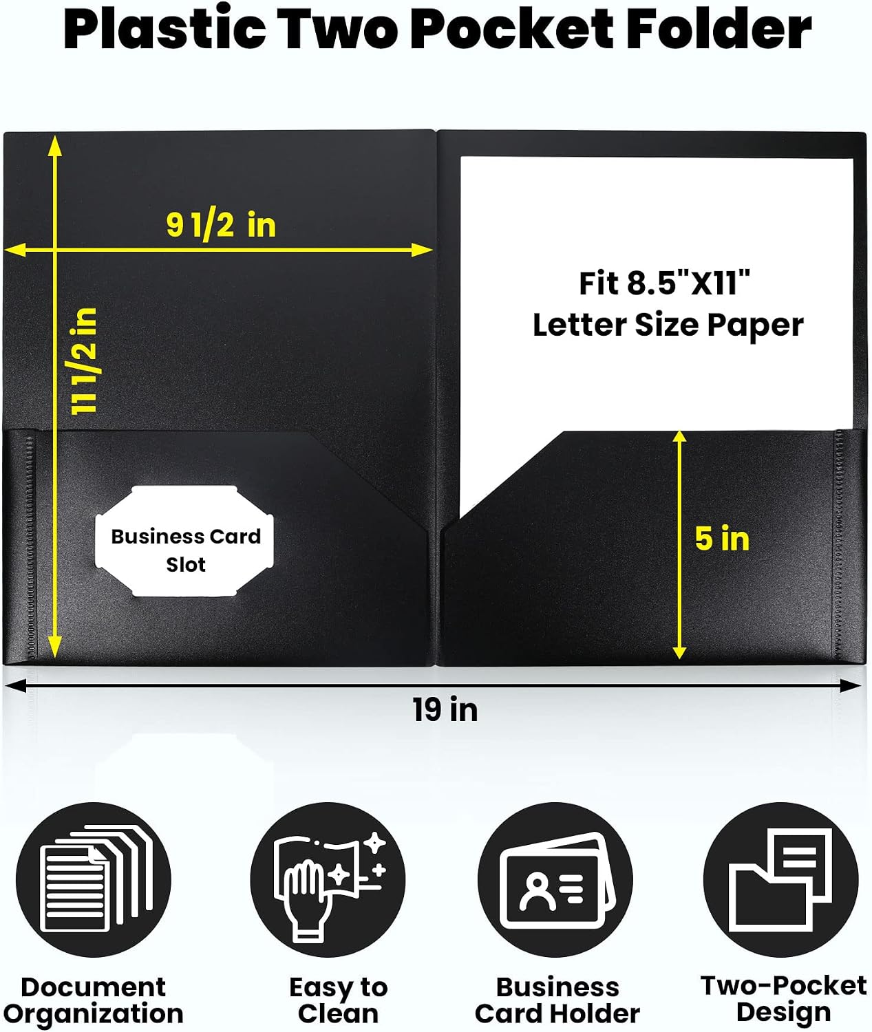 SUNEE 2 Pocket Folders (6 Pack, Black) Heavy Duty Plastic Folders with Pockets Fit Letter-Size Papers, Two-Pocket Poly Folder Bulk for School, College, Office
