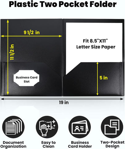 SUNEE 2 Pocket Folders (6 Pack, Black) Heavy Duty Plastic Folders with Pockets Fit Letter-Size Papers, Two-Pocket Poly Folder Bulk for School, College, Office