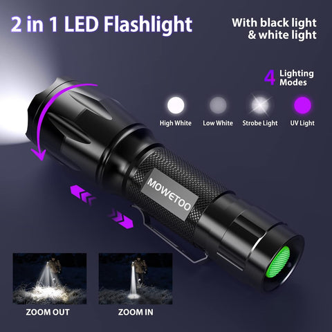 MOWETOO UV Flashlight with 395nm Black Light & White Light