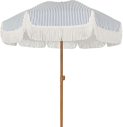 AMMSUN 7ft Patio Umbrella with Fringe Outdoor Tassel Umbrella UPF50+ Premium Steel Pole and Ribs Push Button Tilt, Navy Blue Stripes