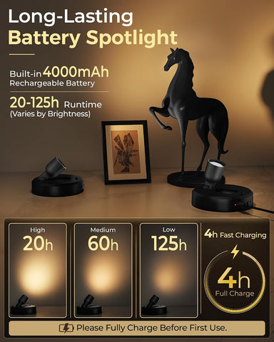 EZVALO 2-Pack Spotlight Indoor, Rechargeable Battery Picture Lights, Wireless Uplights with Remote, Dimmable, ⁠3 Color Temperatures⁠, Timer, Accent Lighting for Plants, Trees, Art, Displays