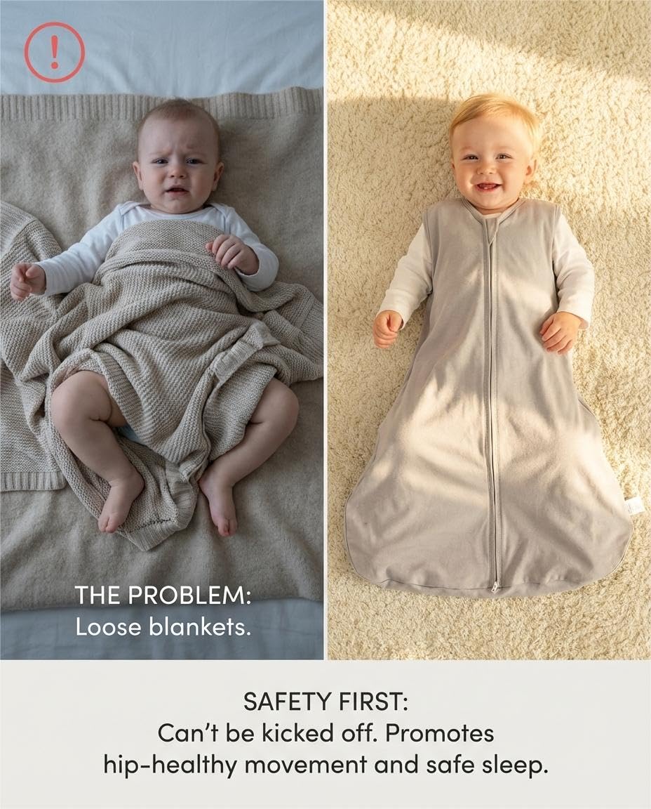 3 Pack Baby Sleep Sack 12-18 Months 100% Organic Cotton, 0.5 TOG Lightweight Wearable Blanket, 2-Way Zipper Sleeping Bag, Cotton&Fawn&Grey