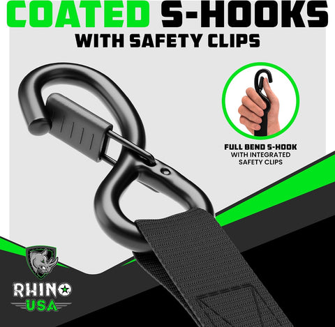 Rhino USA Ratchet Straps Tie Downs (4-Pack) - 1in x 15ft with S Hooks