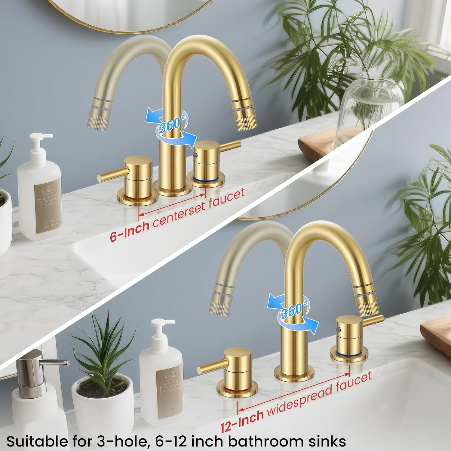 Brushed Gold Bathroom Sink Faucet 3 Hole with Pull Down Sprayer