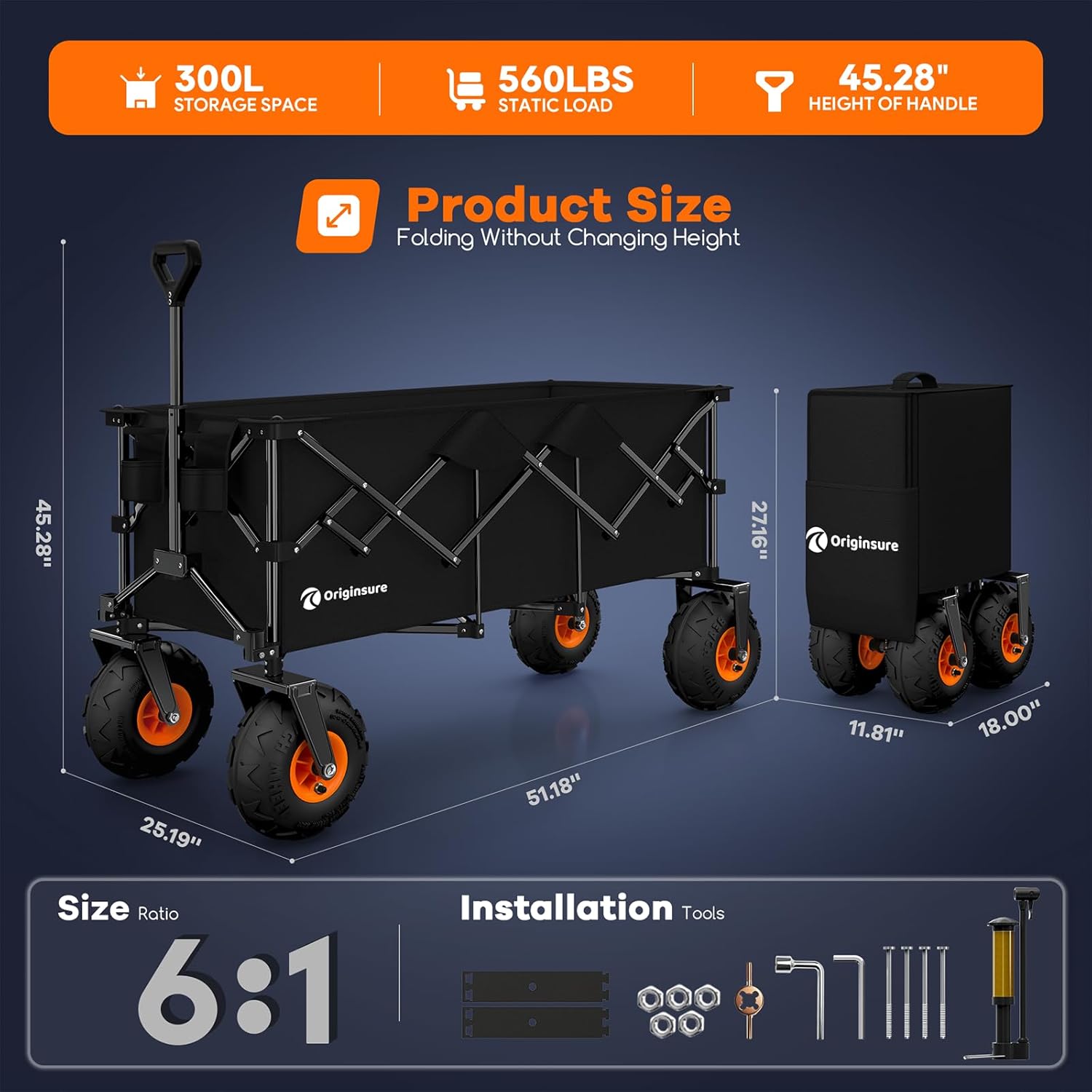 Originsure 300L Foldable Beach Wagon with Big Balloon Wheels, 560lbs, Black