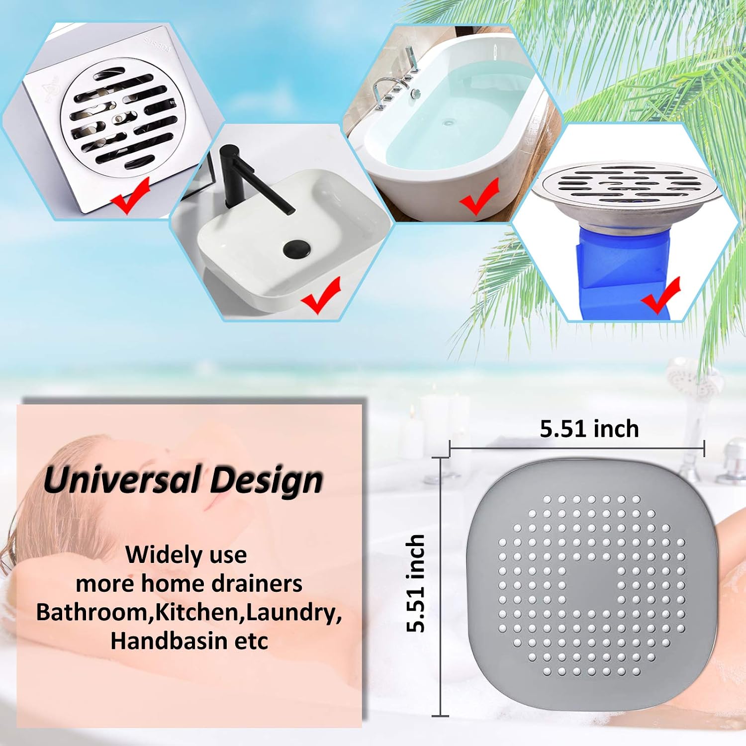 Hair Drain Catcher,Square Drain Cover for Shower Silicone Hair Stopper with Suction Cup,Easy to Install Suit for Bathroom,Bathtub,Kitchen 2 Pack (Grey White)