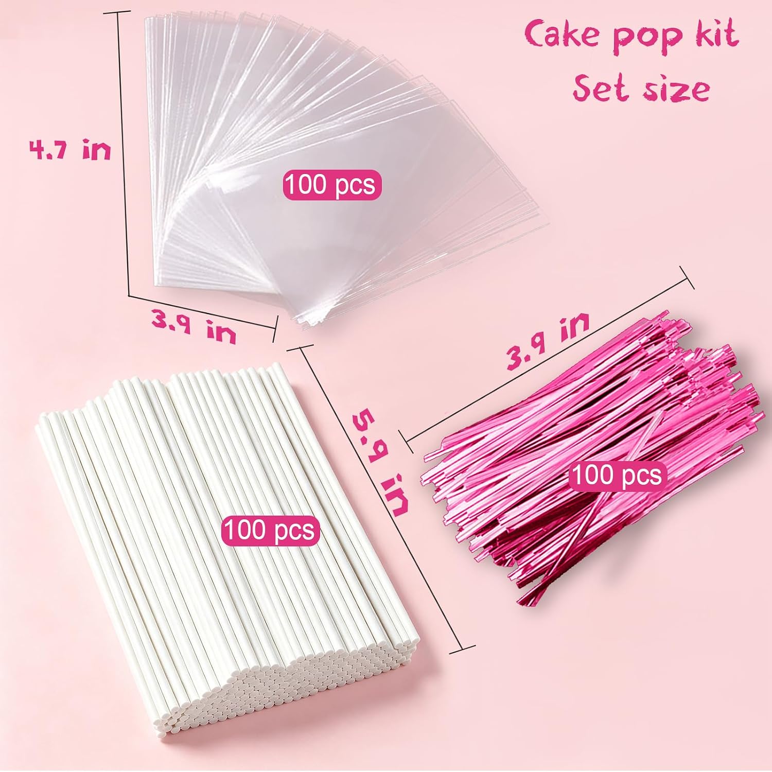 Basquei Cake Pop Sticks 6 Inches, Cake Pop Bags (3.9"X4.7"), Pink Metallic Twist Ties, 300 Pcs Cake Pop Kit Used for, Lollipops Cake, Candies, Chocolates Making Tools