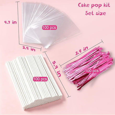 Basquei Cake Pop Sticks 6 Inches, Cake Pop Bags (3.9"X4.7"), Pink Metallic Twist Ties, 300 Pcs Cake Pop Kit Used for, Lollipops Cake, Candies, Chocolates Making Tools