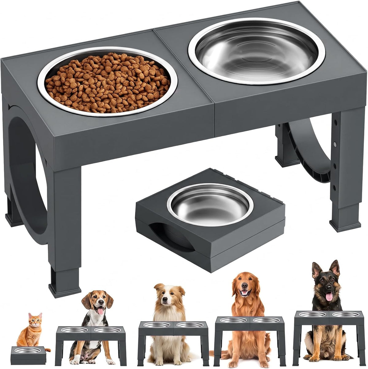 XIAZ Elevated Dog Bowls Large Breed Raised Dogs Bowl Stand Large/Medium Sized Dog Stainless Steel Food Water Bowl Stands 5 Heights Adjustable 9/11/12/14in Pet Feeder Dish Station