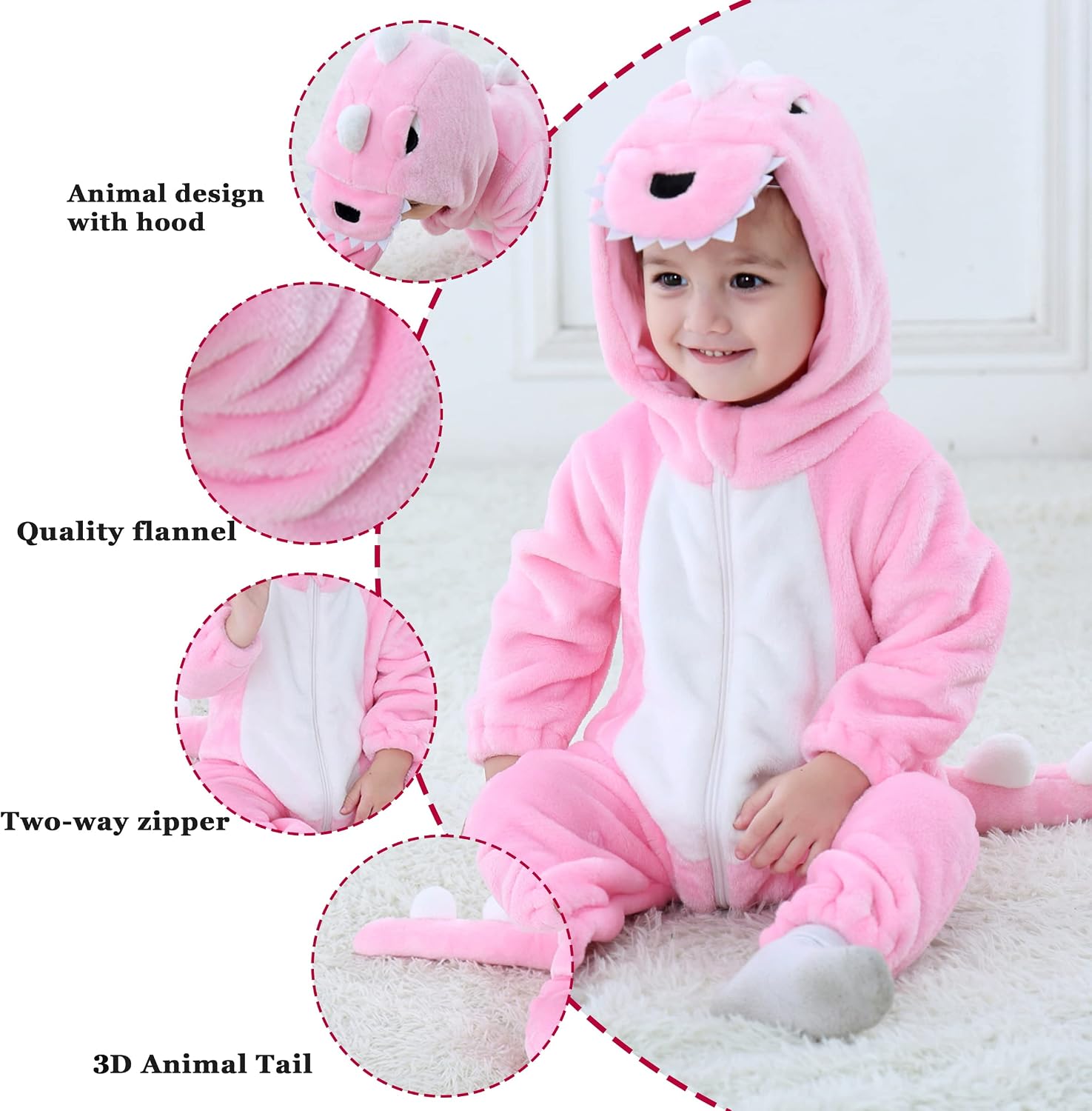 TONWHAR Infants & Toddlers Animal Costume for Halloween & Playwear - Dinosaur Tiger Hooded Romper Jumpsuit for Baby Boy Girl