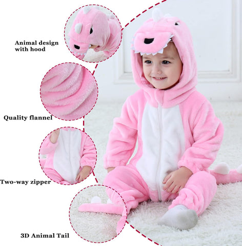 TONWHAR Infants & Toddlers Animal Costume for Halloween & Playwear - Dinosaur Tiger Hooded Romper Jumpsuit for Baby Boy Girl