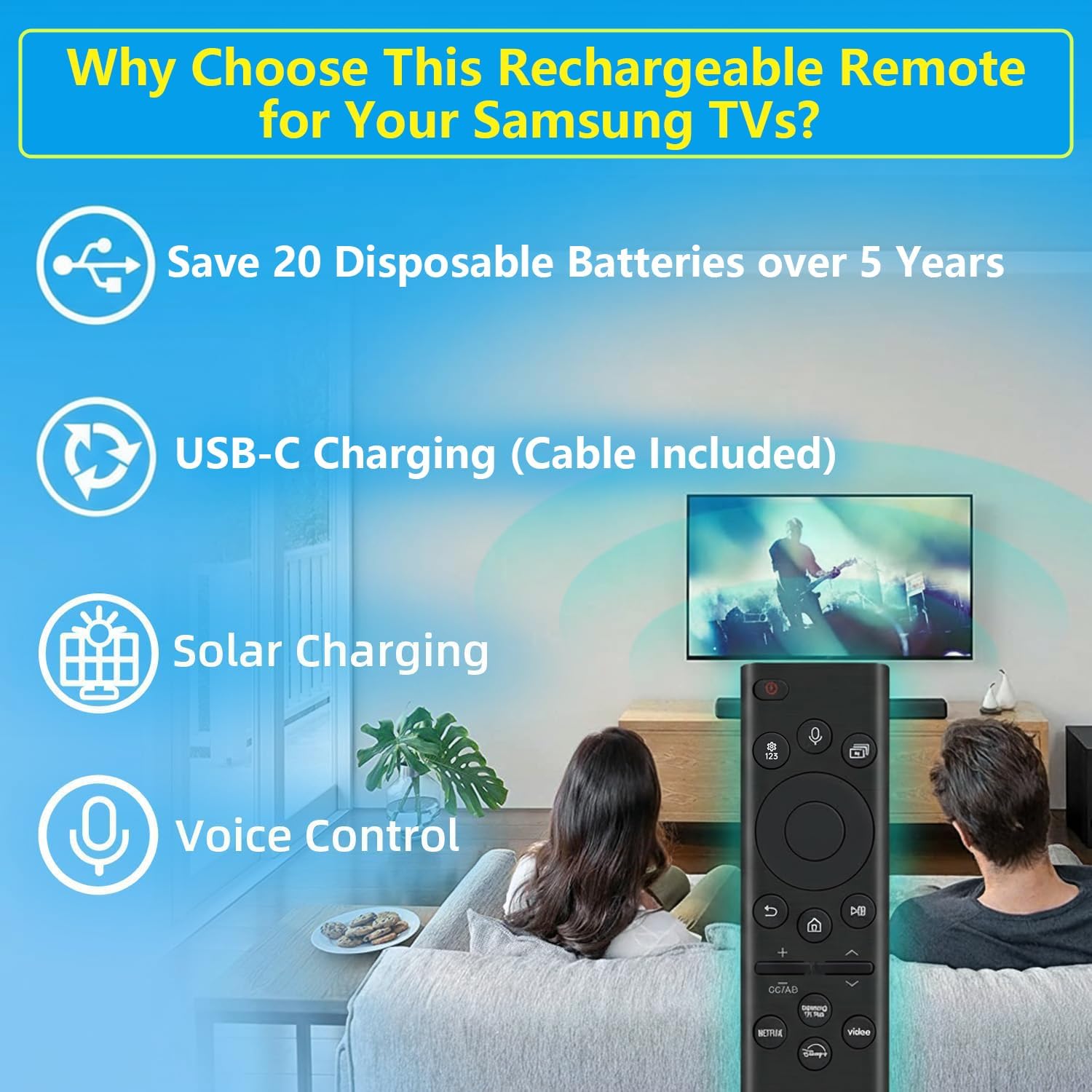 Rechargeable TV Remote for Samsung Smart TVs, Replacement for All 2019-2026 Samsung TV Remote Control with Voice Control. USB-C Fast Charging. Solar Charging. 2-Year Warranty.