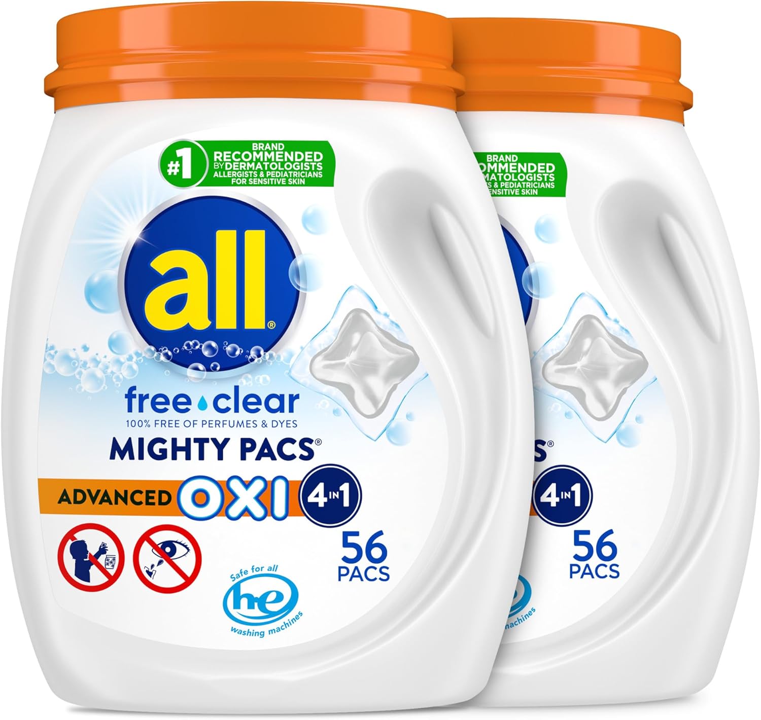 all Laundry Detergent Pacs, Advanced OXI, Unscented, 56 Count, Pack of 2 | Stainfighting power, hypoallergenic formula, dye free, dermatologist tested, HE compatible, fragrance free, unscented