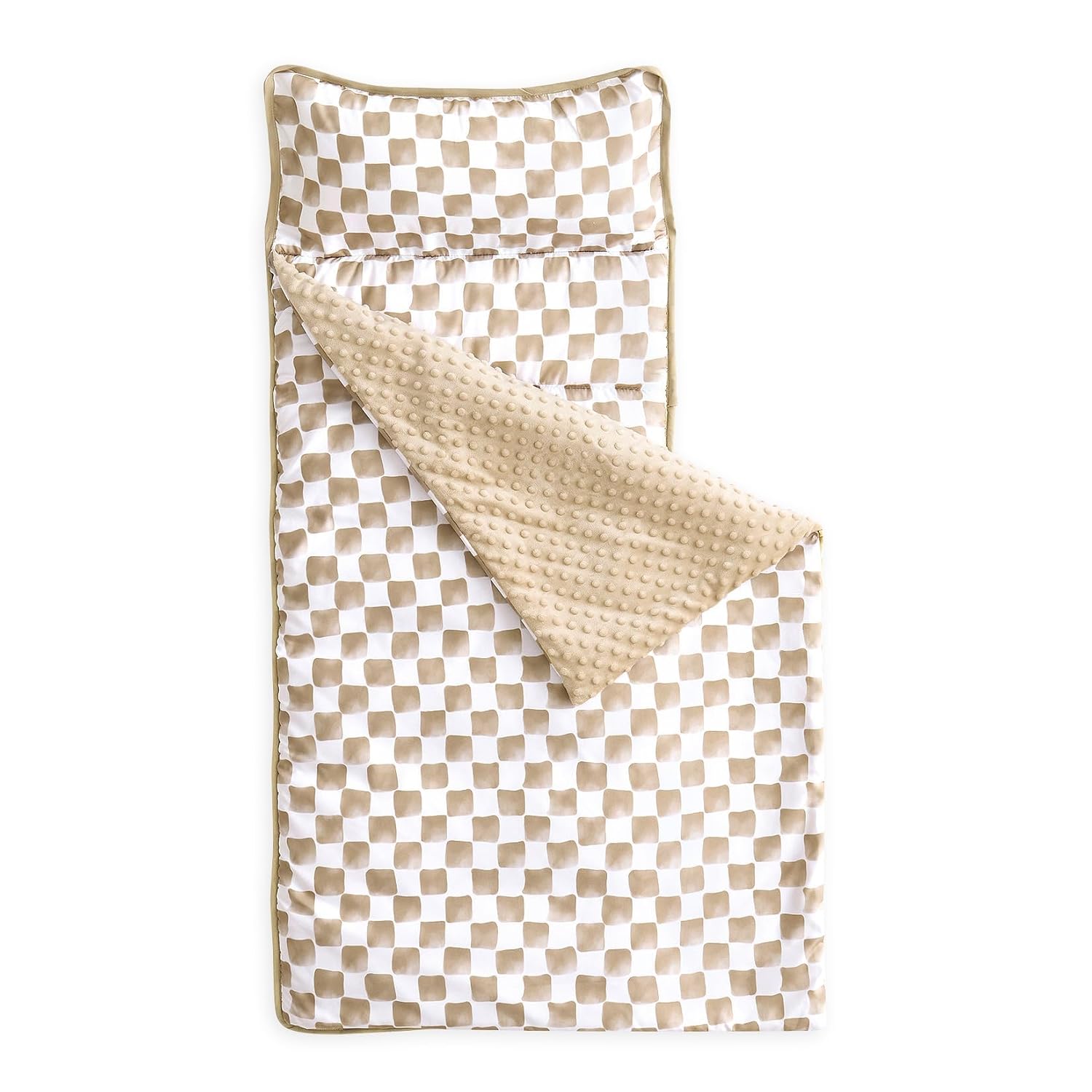 Wake In Cloud - Toddler Nap Mat with Pillow and Minky Fleece Blanket, for Kids Boys Girls Ages 3 Plus in Daycare Preschool, Roll Up Sleeping Bag, Gingham Grid Checkered, Brown White, Standard