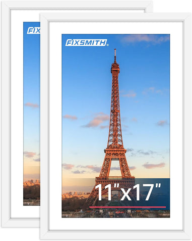 FIXSMITH 11x17 Picture Frame White Set of 2, Photo Frame with HD Plexiglass, Display Pictures 9x15 with Mat or 11x17 Without Mat, White Picture Frames Collage Wall Decor, Gallary Wall Frame