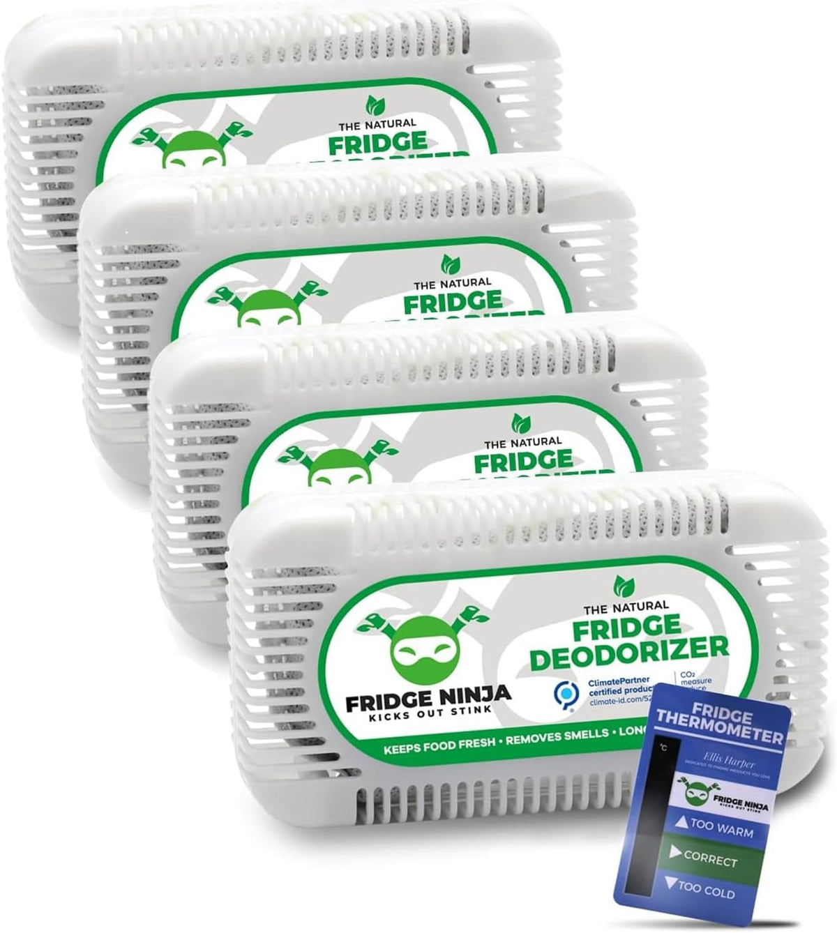 Fridge Ninja Fridge Deodorizer, Activated Charcoal Odor Absorber, 4 Pack